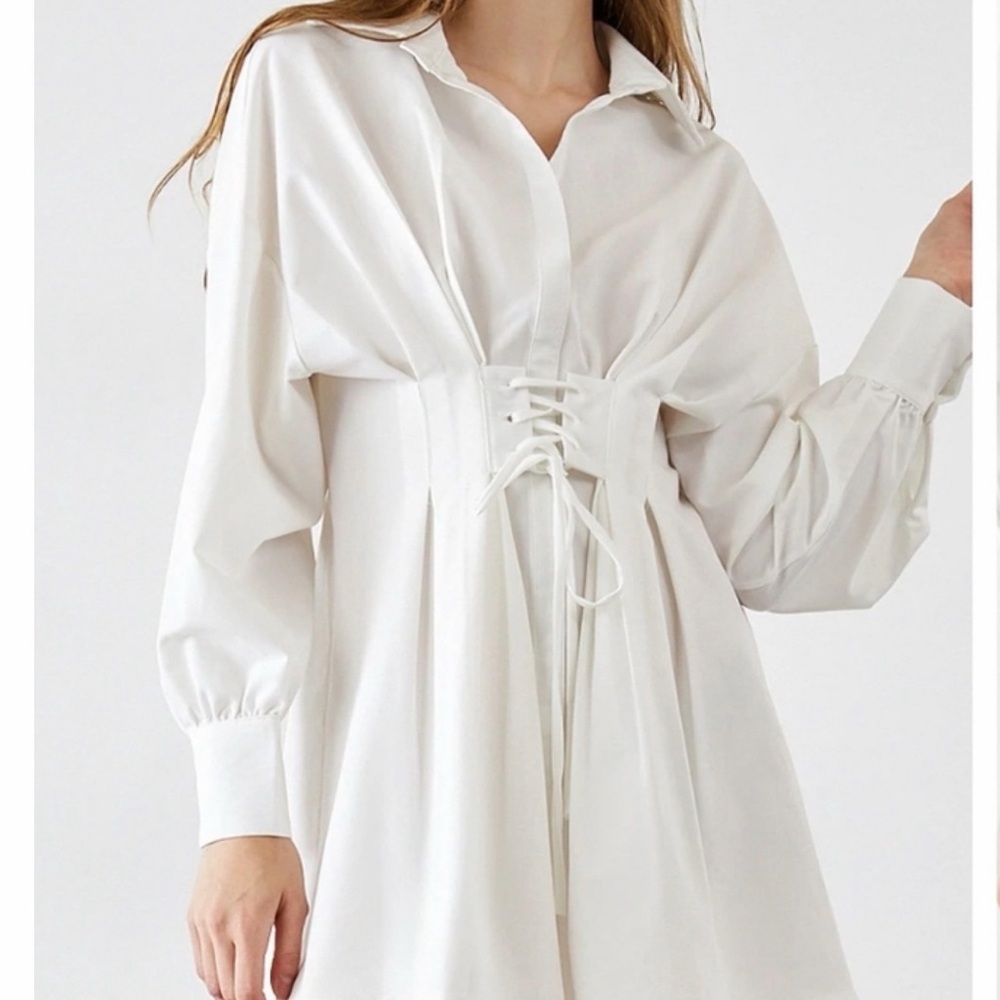 White Lace-Up Shirt Dress